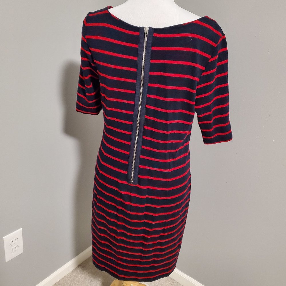 Navy & Red striped ponte knit dress with sleeve